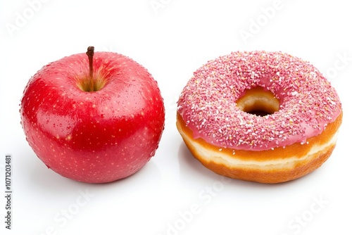 Apple and donuts side by side on white background , Healthy food , Processed food , Generative AI