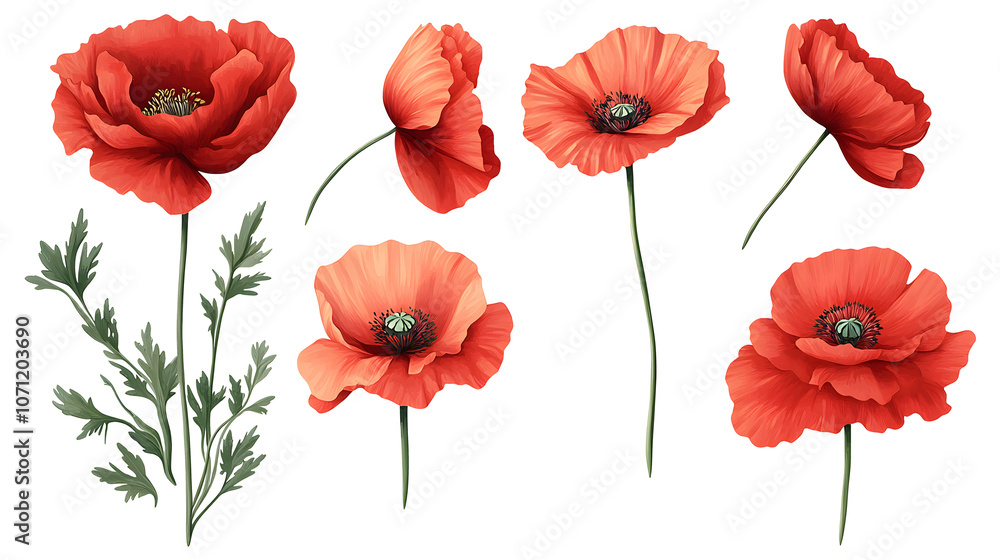 Obraz premium Collection of Red Poppy Flowers in Various Views on white and transparent background. PNG