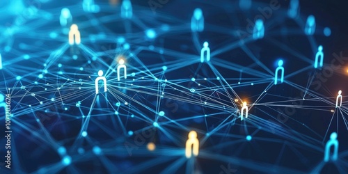 Virtual networking concept with people represented as digital avatars connecting through glowing lines on a techy background.