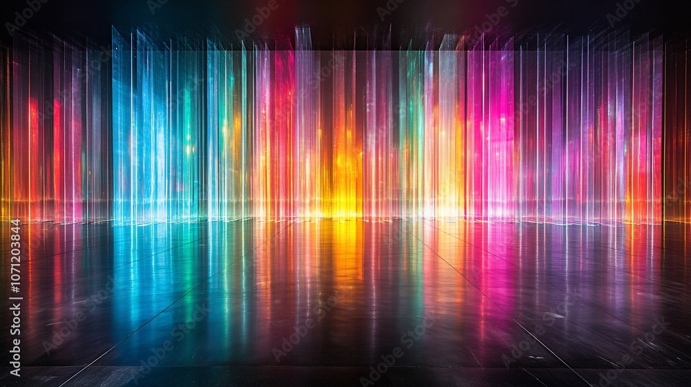 Abstract colorful neon light streaks on a dark background with reflections on a wet floor. Abstract colorful neon light streaks on a dark background with reflections on a wet floor.
