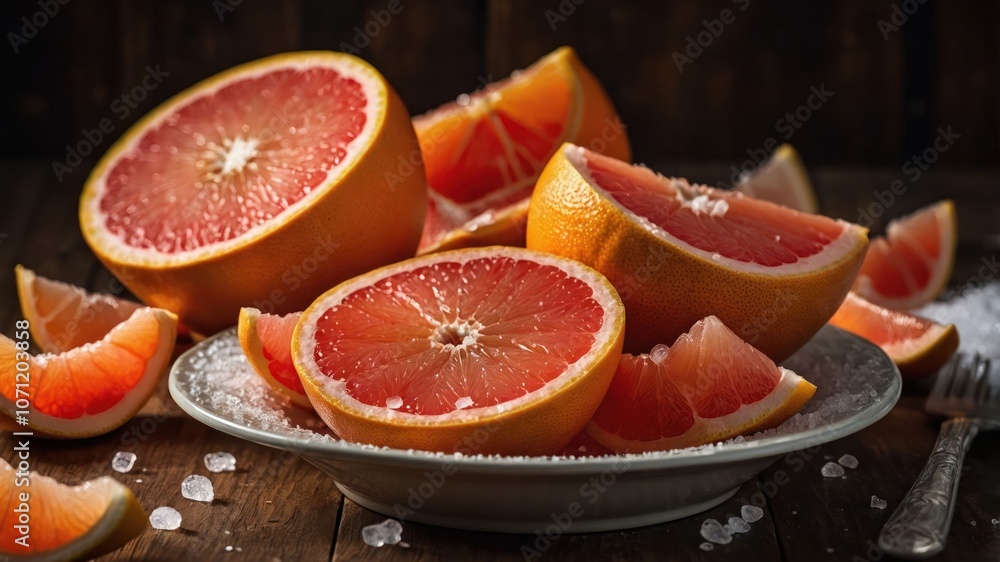 A vibrant display of grapefruit halves and segments sprinkled with salt on a rustic table. A vibrant display of grapefruit halves and segments sprinkled with salt on a rustic table.