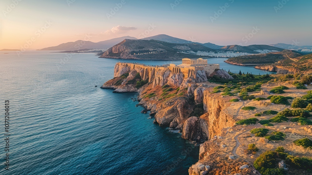 Sunset Over the Aegean Sea with Temple of Poseidon Sunset Over the Aegean Sea with Temple of Poseidon
