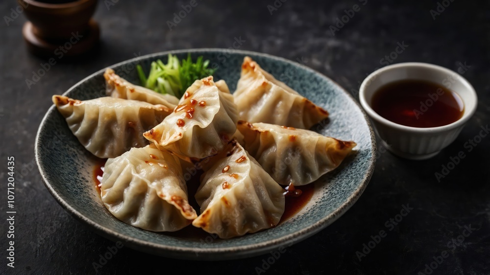A plate of delicious dumplings served with dipping sauce and garnished with greens. A plate of delicious dumplings served with dipping sauce and garnished with greens.