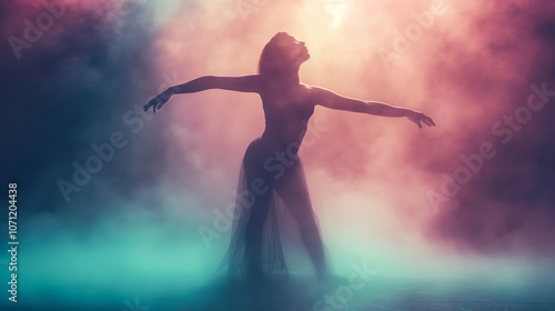 Wallpaper Mural A stunningly beautiful woman with her arms outstretched, standing on stage in an elegant dress, surrounded by colorful smoke and fog. Torontodigital.ca
