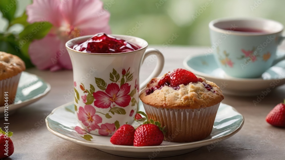 A cozy setting with a floral mug, muffin, strawberries, and tea, perfect for a relaxing moment. A cozy setting with a floral mug, muffin, strawberries, and tea, perfect for a relaxing moment.