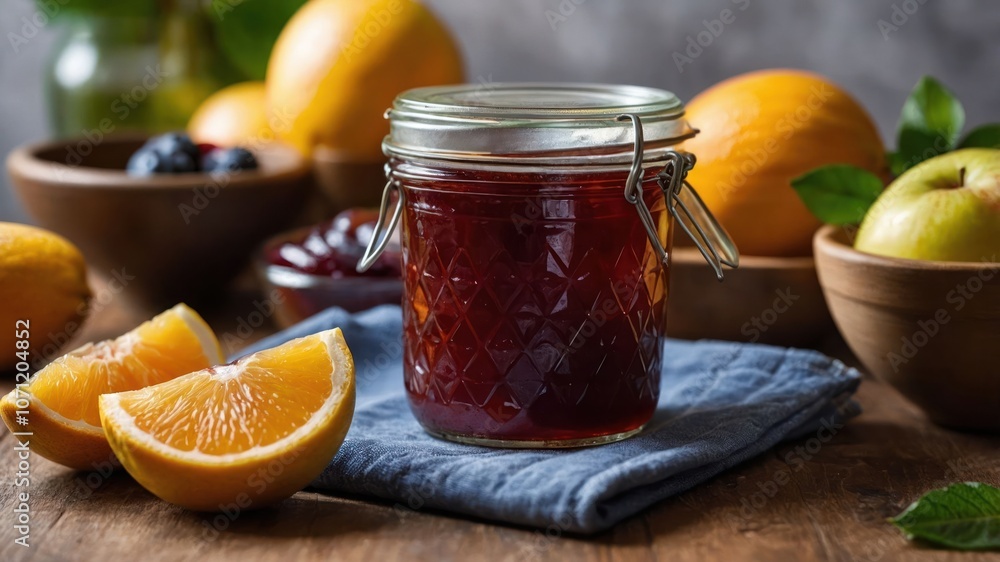 A jar of jam surrounded by fresh fruits on a wooden surface, evoking a cozy kitchen scene. A jar of jam surrounded by fresh fruits on a wooden surface, evoking a cozy kitchen scene.