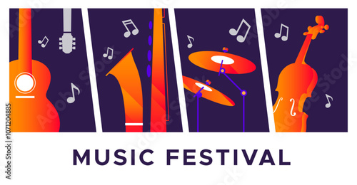 background design with a music festival celebration concept featuring guitar, drum and trumpet musical instruments. Vector musical instruments for pop, jazz and others