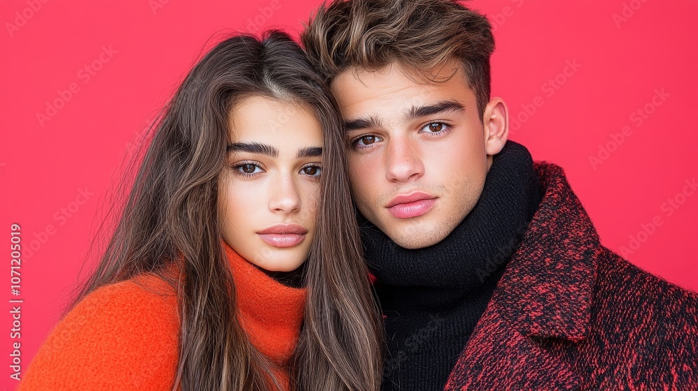 Young Couple Fashion Portrait Red Background Winter Style Young Couple Fashion Portrait Red Background Winter Style