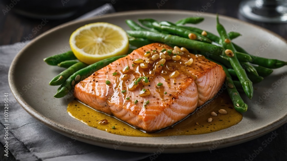 A plated salmon dish with lemon, green beans, and a sauce, showcasing a gourmet meal. A plated salmon dish with lemon, green beans, and a sauce, showcasing a gourmet meal.