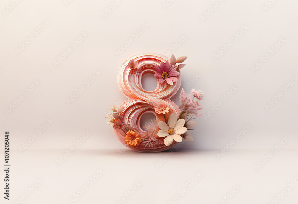 A stylized 3D number eight with delicate floral embellishments against a white background. A stylized 3D number eight with delicate floral embellishments against a white background.