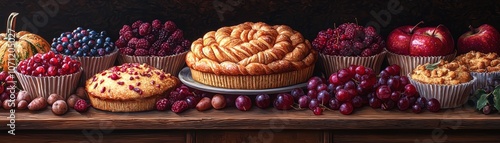 Wallpaper Mural A vibrant display of pies and fresh fruits, including apples, grapes, and cranberries, arranged artfully on a rustic wooden table. Torontodigital.ca