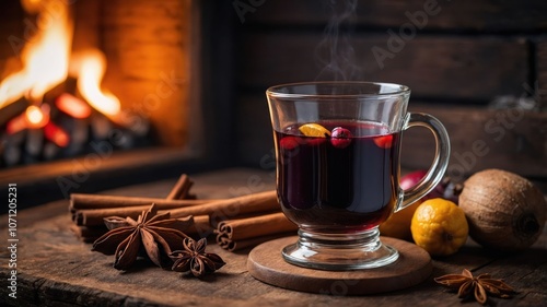 A steaming glass of spiced drink beside a cozy fireplace, evoking warmth and comfort.