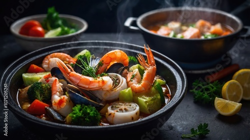 A vibrant seafood dish with shrimp, vegetables, and herbs, steaming in a dark setting.