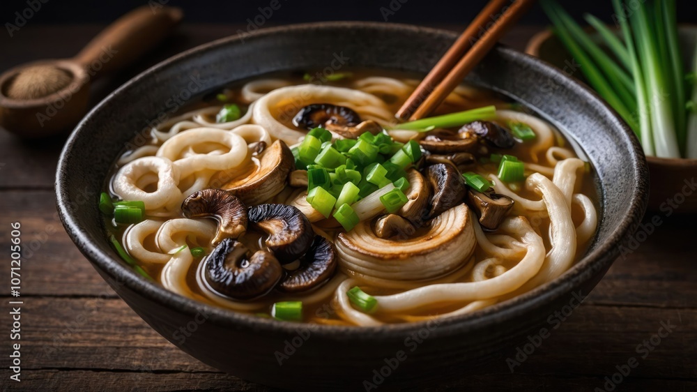 A bowl of noodle soup topped with mushrooms, green onions, and sliced onions. A bowl of noodle soup topped with mushrooms, green onions, and sliced onions.