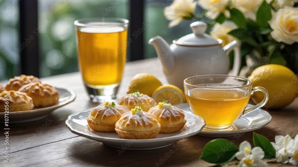 A cozy tea setting with pastries, tea, and lemons, evoking relaxation and enjoyment. A cozy tea setting with pastries, tea, and lemons, evoking relaxation and enjoyment.