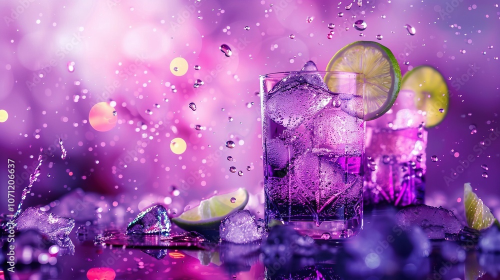 Purple Bliss: Isolated Cocktail with Ice and Lime for a Touch of Sophistication Purple Bliss: Isolated Cocktail with Ice and Lime for a Touch of Sophistication