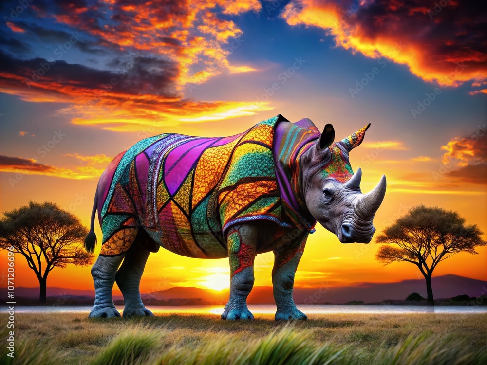 Fototapeta premium Stylish Rhino in a Colorful Jacket Silhouette Against a Vibrant Sunset Background, Showcasing Unique Fashion and Wildlife Beauty for Nature and Fashion Enthusiasts