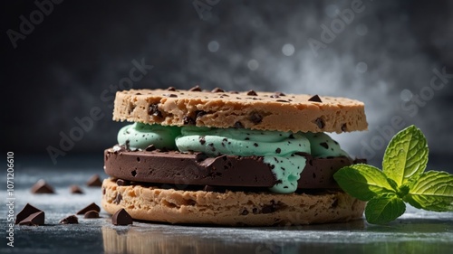 A delicious dessert featuring mint chocolate ice cream sandwiched between cookie layers. photo