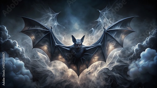 Stylized Black Bat Illustration with Dynamic Wings and Enchanting Smoke Effects for Halloween Events and Merchandise, Perfect for Spooky Celebrations and Creative Designs photo