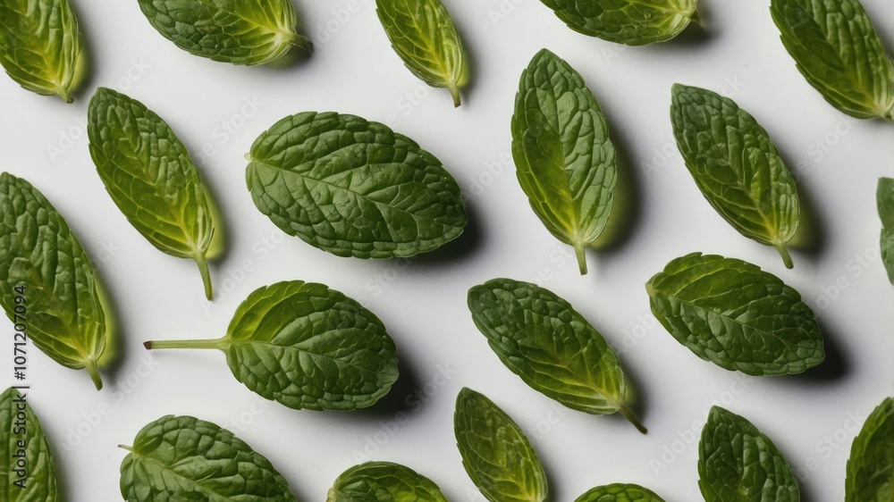 A flat lay of fresh mint leaves arranged on a white background. A flat lay of fresh mint leaves arranged on a white background.