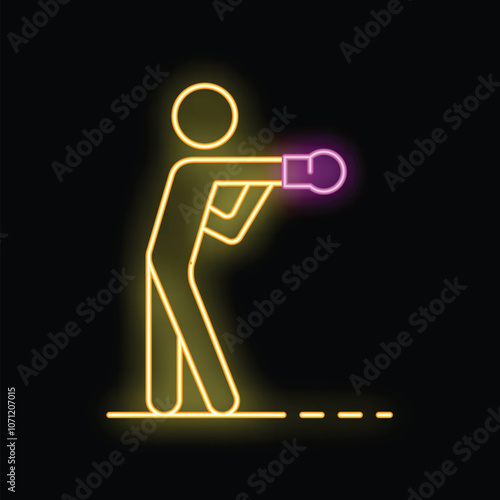 Bright yellow neon sign of a boxer throwing a punch with glowing purple boxing glove on black background