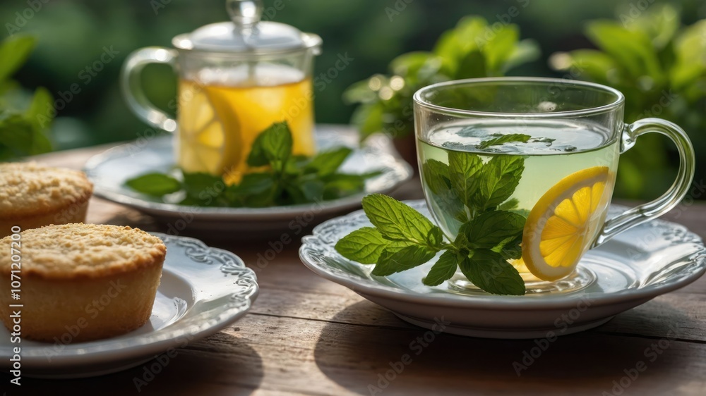 A refreshing tea setup with lemon, mint, and muffins in a serene outdoor setting. A refreshing tea setup with lemon, mint, and muffins in a serene outdoor setting.