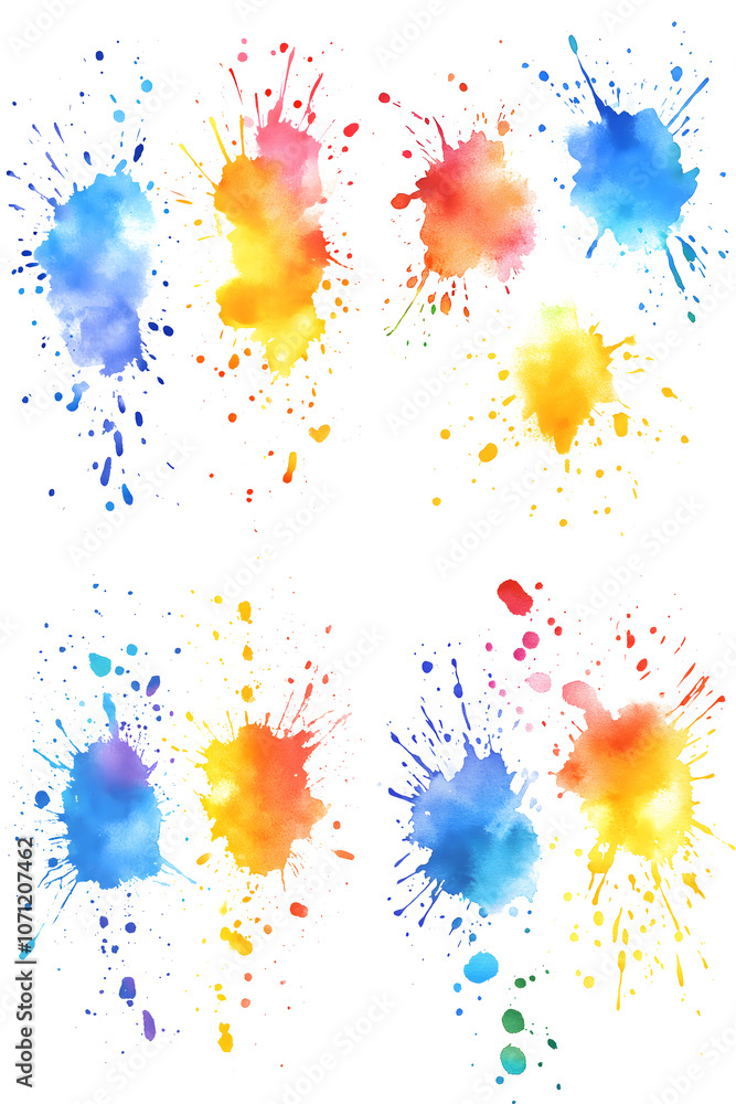 Watercolor Ink Splatter Collection in Bright Tones on white and transparent background. PNG Watercolor Ink Splatter Collection in Bright Tones on white and transparent background. PNG