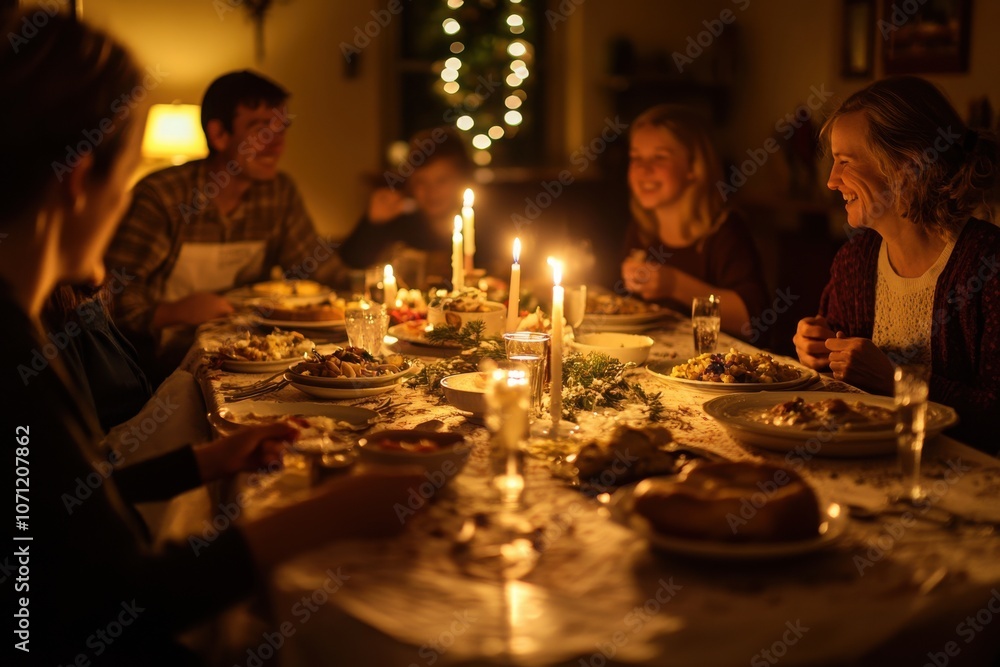 Family enjoying a candlelit holiday dinner with Christmas decorations Family enjoying a candlelit holiday dinner with Christmas decorations