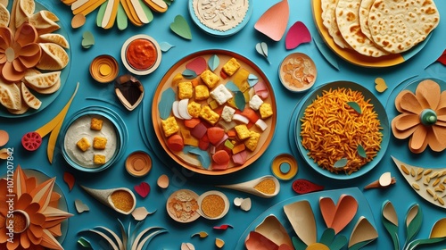 A creative cut-paper background displaying various Indian delicacies like paneer tikka, biryani, and chapati, each made with textured paper for a unique and colorful design. photo