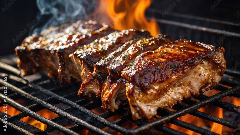 Grilled meat sizzling over an open flame, showcasing delicious barbecue preparation. Grilled meat sizzling over an open flame, showcasing delicious barbecue preparation.