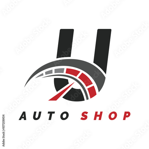 letter U logo auto mechanic with speedometer style. Alphabet U automotive speedometer design icon