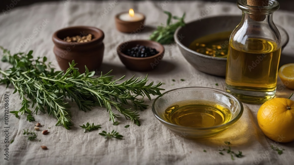 A rustic arrangement of herbs, oils, and citrus for culinary use. A rustic arrangement of herbs, oils, and citrus for culinary use.