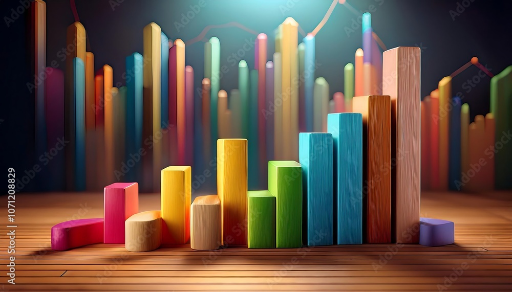 Obraz premium Business performance is visualized on a wooden surface using colorful bar charts