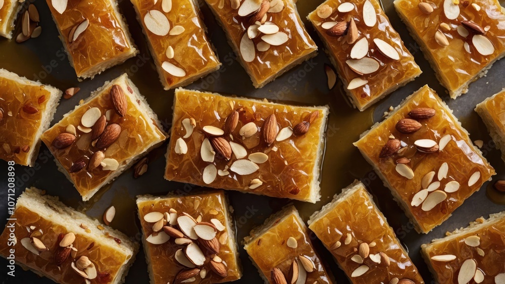 A close-up of sweet dessert bars topped with nuts and syrup. A close-up of sweet dessert bars topped with nuts and syrup.