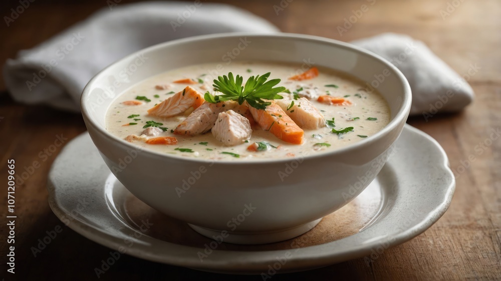 A bowl of creamy soup with chicken, carrots, and herbs, served on a wooden table. A bowl of creamy soup with chicken, carrots, and herbs, served on a wooden table.