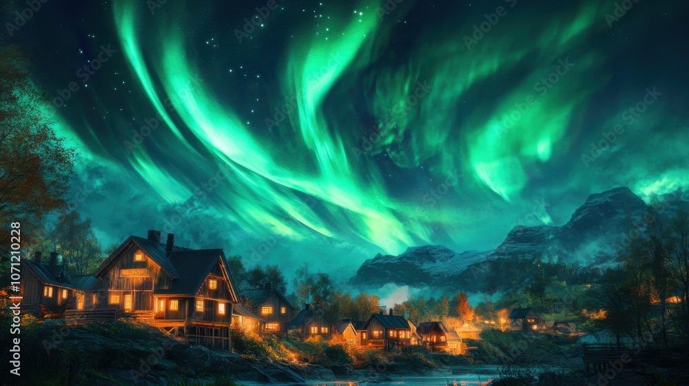 Fototapeta premium Aurora's Embrace: Nordic Village Serenity