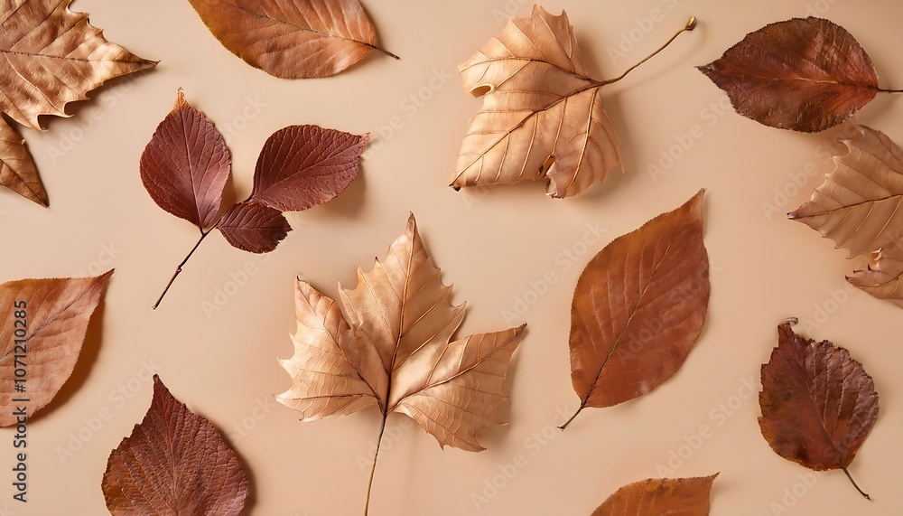 Autumn leaves falling on solid background. Freeze frame. Beige and brown colors. Minimalism Autumn leaves falling on solid background. Freeze frame. Beige and brown colors. Minimalism
