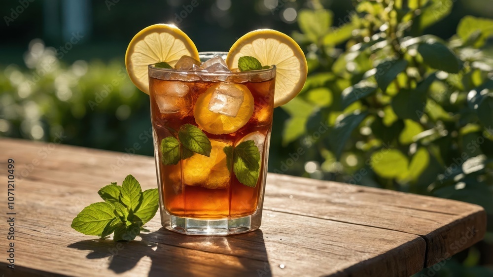 A refreshing iced tea drink garnished with lemon and mint on a wooden table in sunlight. A refreshing iced tea drink garnished with lemon and mint on a wooden table in sunlight.