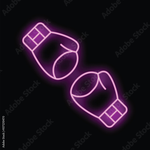 Two boxing gloves glowing with purple neon light are isolated on a black background