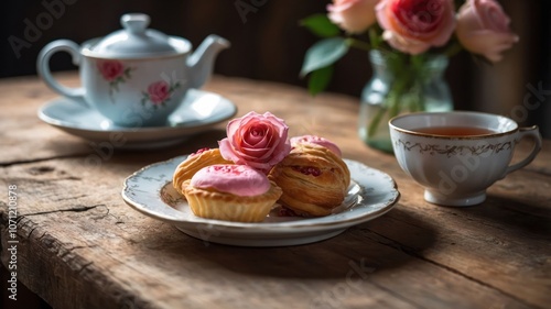 A cozy tea setting with cupcakes and roses on a rustic table.