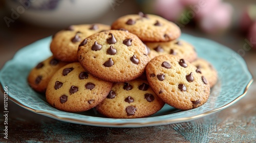 A plate of freshly baked chocolate chip cookies. (7)