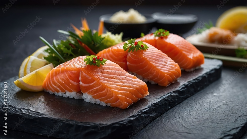 A beautifully arranged platter of sushi featuring salmon slices on a dark stone surface. A beautifully arranged platter of sushi featuring salmon slices on a dark stone surface.
