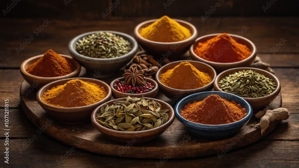A vibrant assortment of spices displayed in bowls, showcasing colors and textures. A vibrant assortment of spices displayed in bowls, showcasing colors and textures.