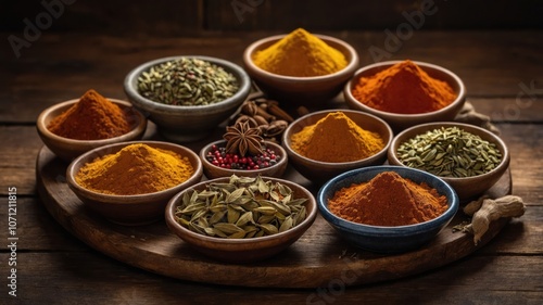 A vibrant assortment of spices displayed in bowls, showcasing colors and textures.