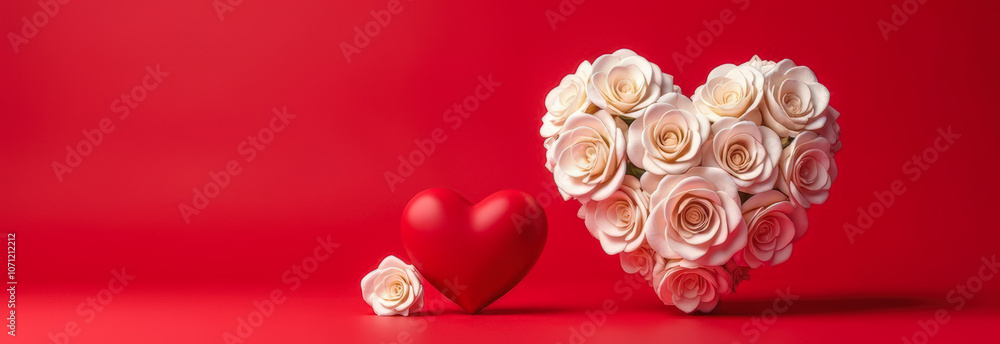 two red hearts on a red background with white roses, Valentine's Day holiday two red hearts on a red background with white roses, Valentine's Day holiday