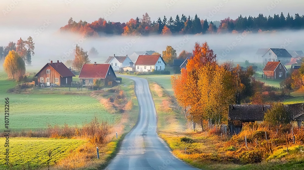 Obraz premium Foggy countryside road leading to a quaint village, distant houses and trees fading into mist, calm and peaceful rural scene