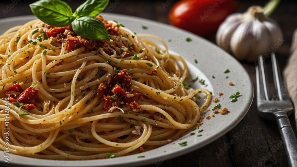 A plate of spaghetti garnished with basil, garlic, and tomatoes, showcasing Italian cuisine. A plate of spaghetti garnished with basil, garlic, and tomatoes, showcasing Italian cuisine.