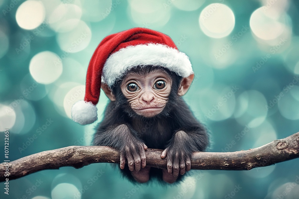 monky on a branch wearing santa hat,generative ai monky on a branch wearing santa hat,generative ai