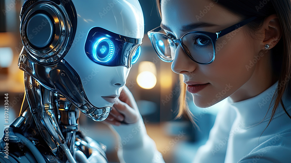 Women and robots are communicating, the concept of artificial intelligence Women and robots are communicating, the concept of artificial intelligence