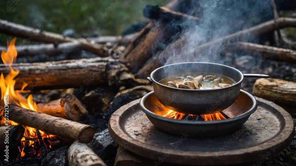 A pot of soup simmering over a campfire surrounded by logs. A pot of soup simmering over a campfire surrounded by logs.